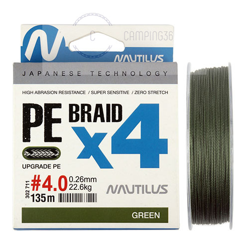 Шнур Nautilus Braid X4 Green d-0.14 9.1кг 1.2PE 135м Шнур Nautilus Braid X4 Green d-0.14 9.1кг 1.2PE 135м